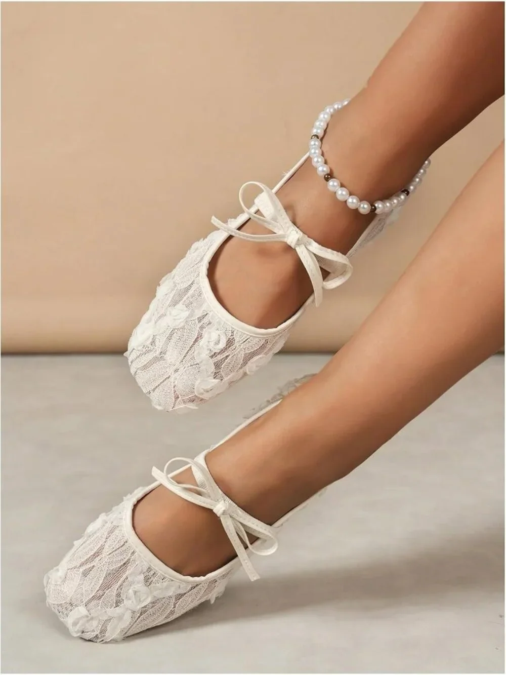 Women's White Mesh Ballet Flats Lace Bow Square Toe Wedding Dressy Work Shoes